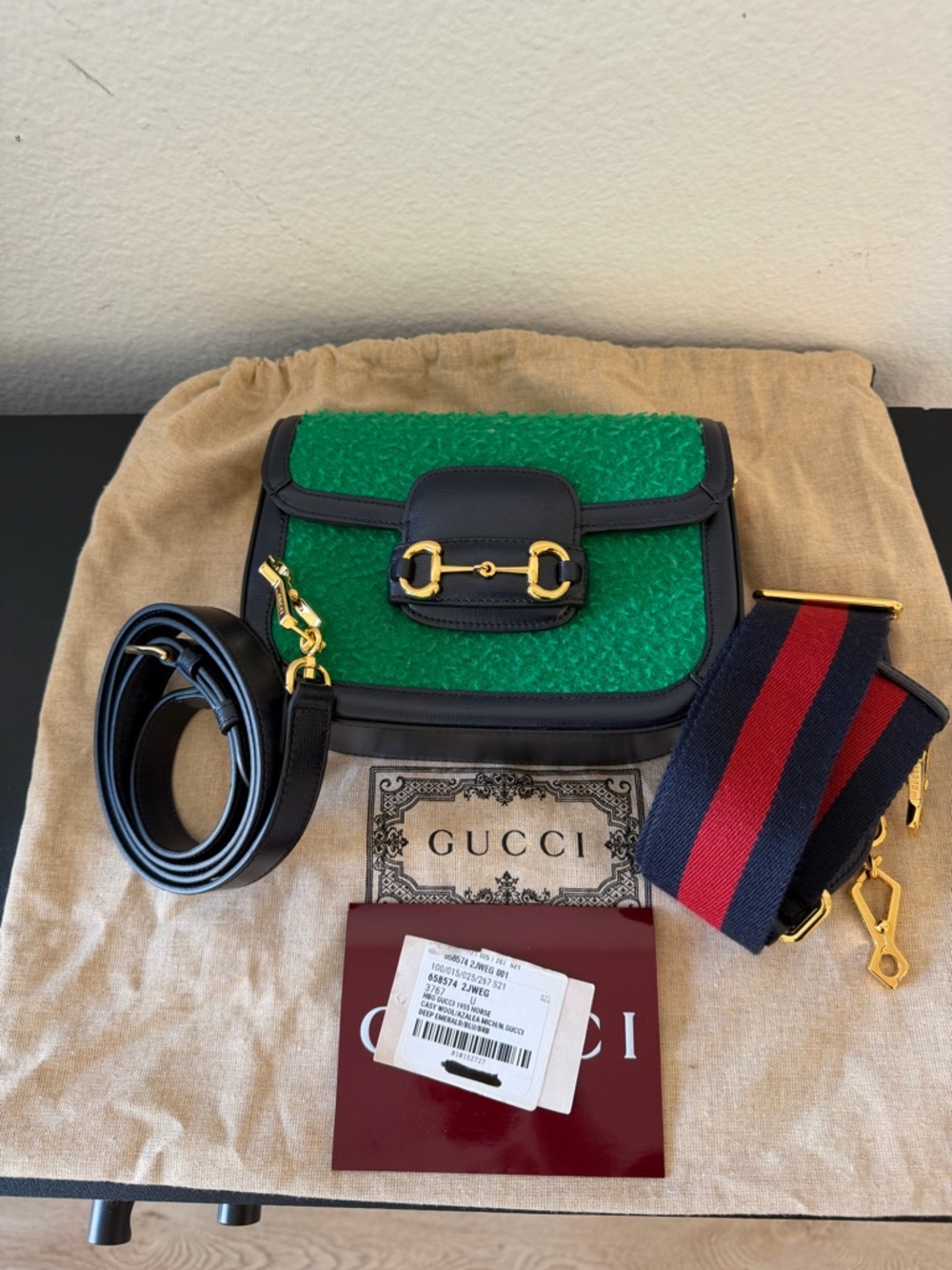 Gucci Casy Wool Azalea Calfskin Mini Horsebit 1955 Handbag NEW WITH TWO STRAPS
